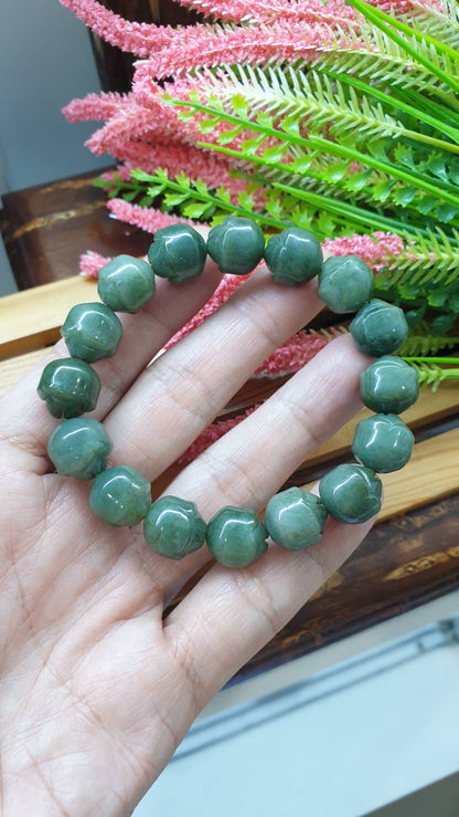 Lotus Jade Bracelet 17cm Natural Green Type A Myanmar Jadeite 12mm Beads