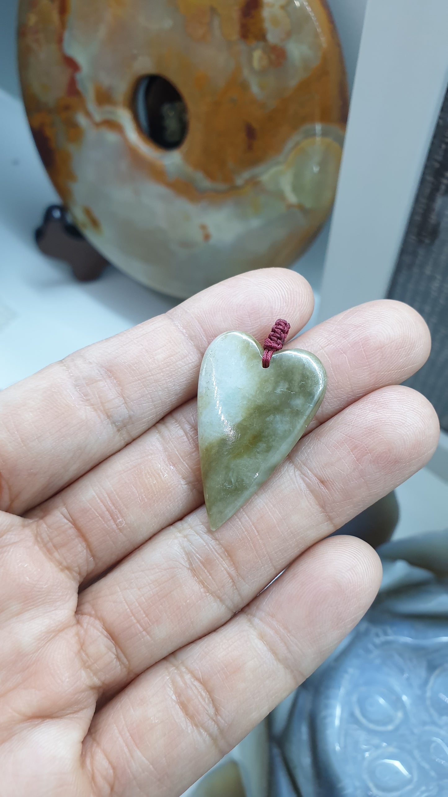 Natural Type A Jadeite Heart Boho Pendant with Handwoven Thread Bail