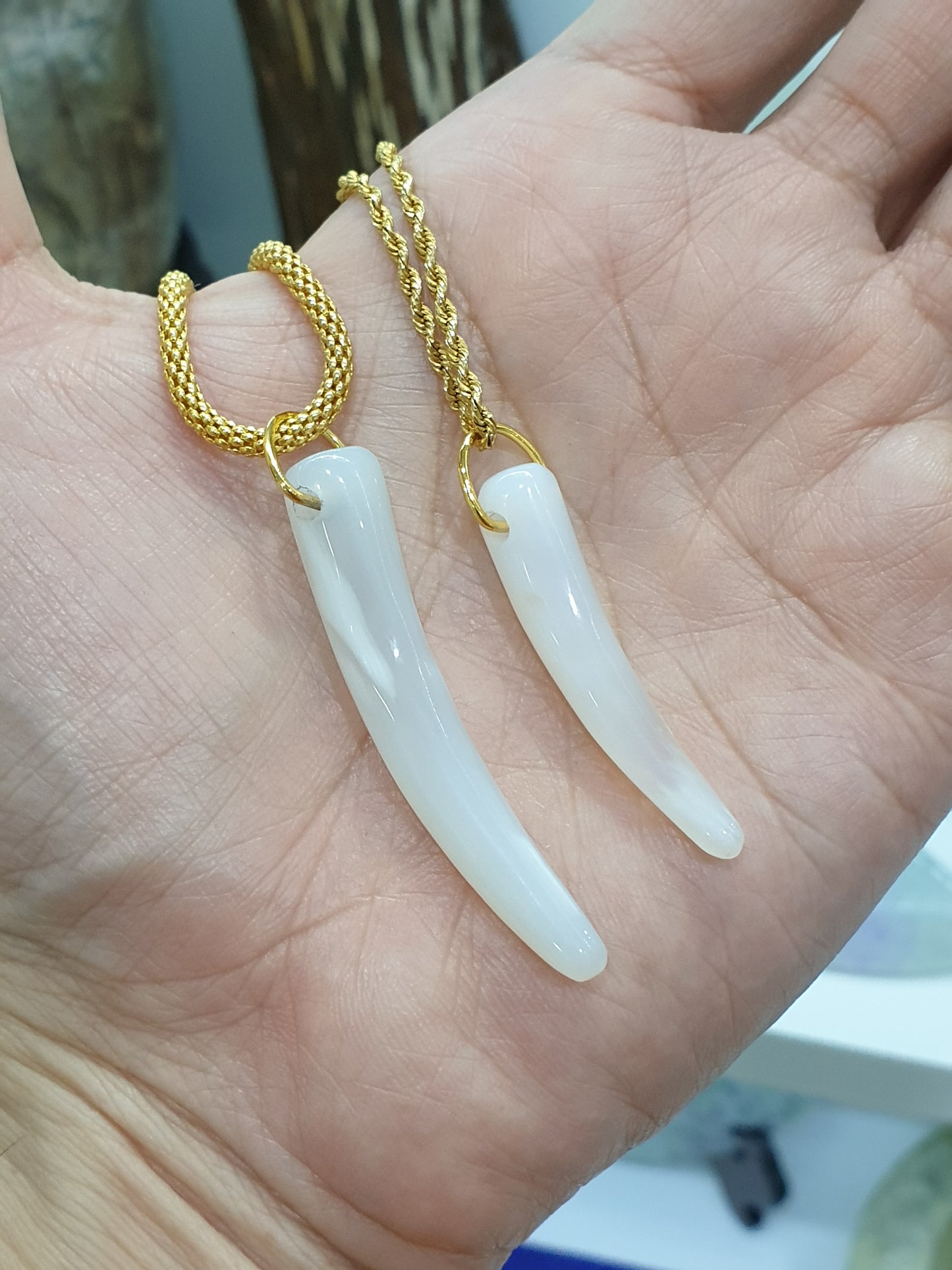 White Agate Fang Pendant (Selection) | Solid 9K Gold | Natural Gemstone