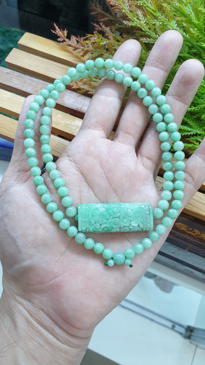 Jade Necklace 24inch with Floral Cylinder Type A Jadeite Natural Pastel Green