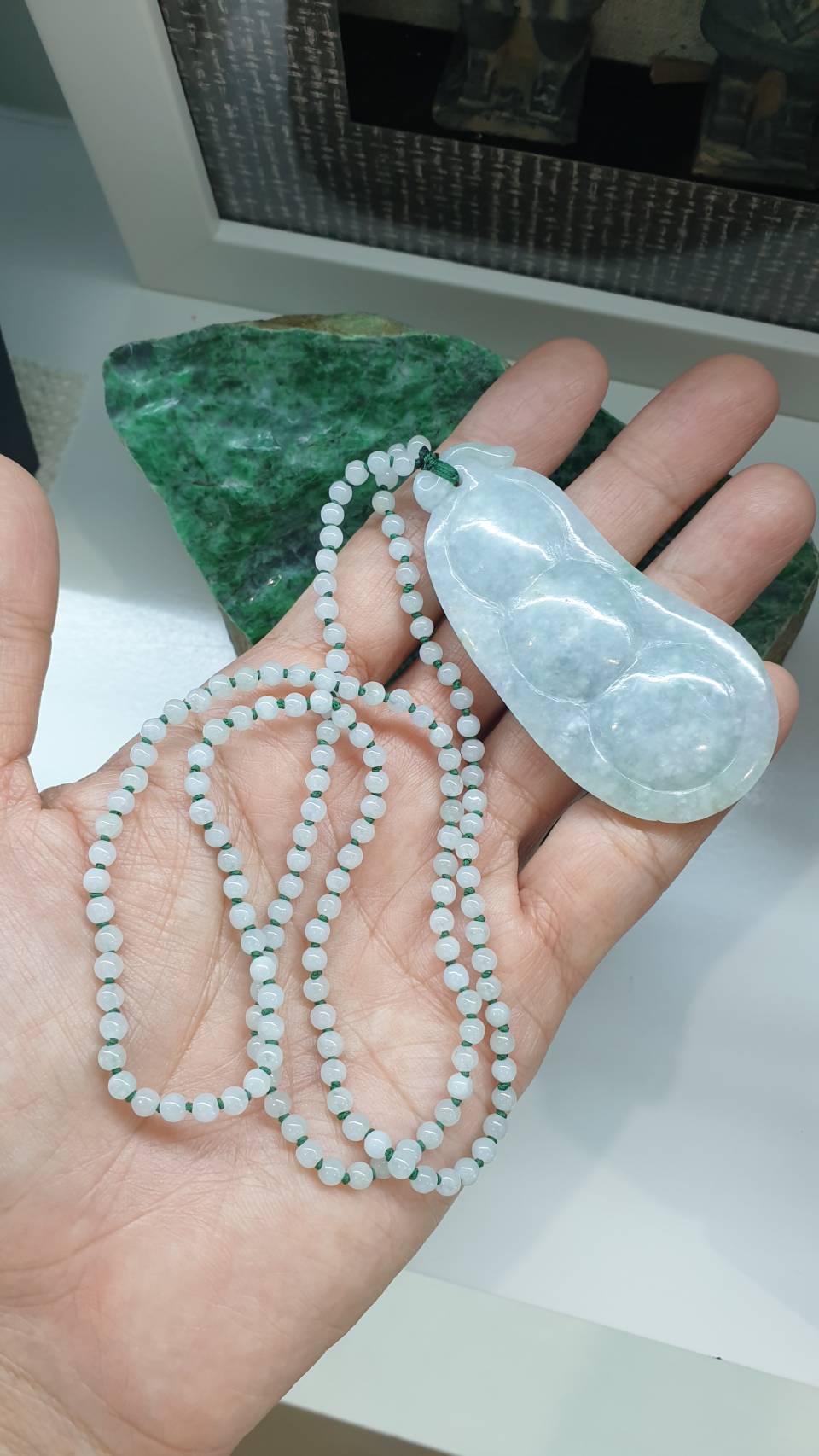 Peapod on White Jade Beaded Necklace 24inch Type A Natural Myanmar Jadeite