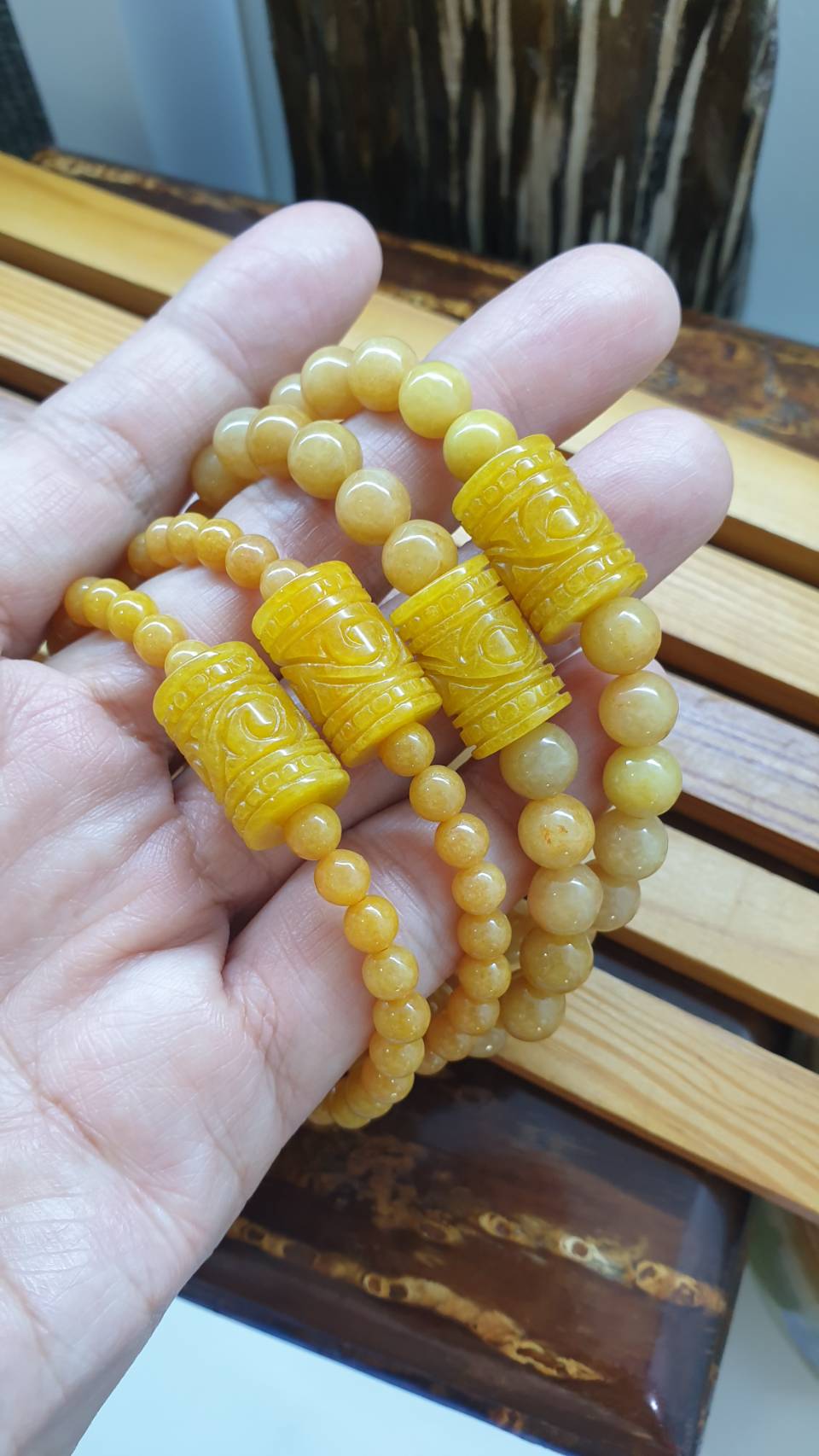 Honey Yellow Jadeite Bracelet Type A 17cm - Natural Jade Ru Yi Cylinder Charm