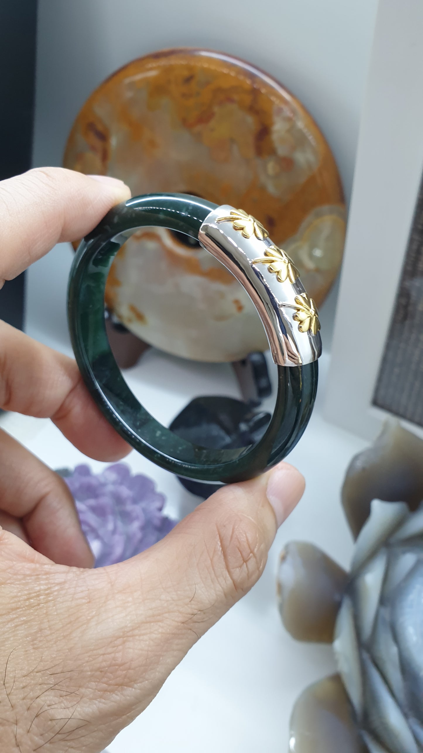 Trèfles Chanceux on Blue Jade Bangle (S 58) | Solid 9K Gold, Fei Cui Original Jadeite | Elegant Fortune Charm Wrist Candy