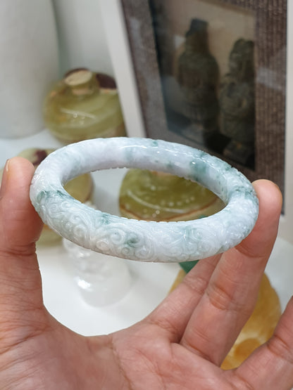 Carved Jade Floral Bangle S56 Cylindrical Type A Moss in Snow Jadeite