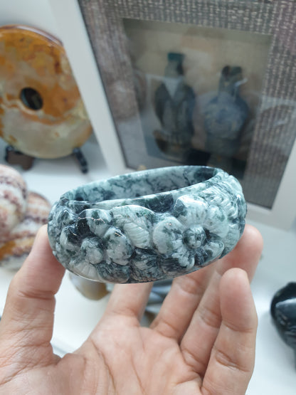 Carved Jade Floral Bangle S62.5 Type A Natural Jadeite Marbled Blue Gray
