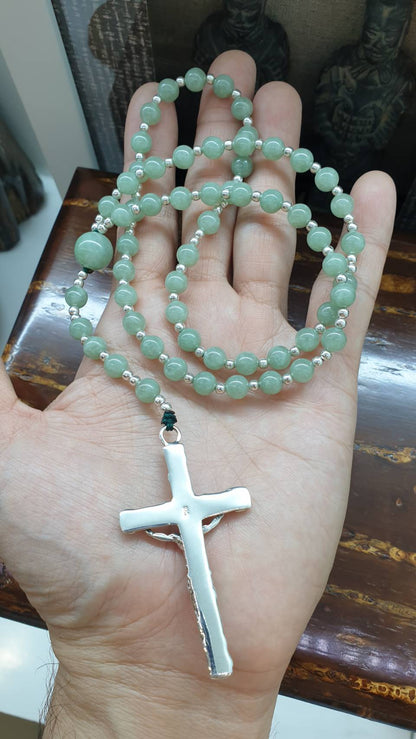 Jade Beads Rosary (25.5 inch) | Type A Natural Lime Green Jadeite + Sterling Silver Crucifix
