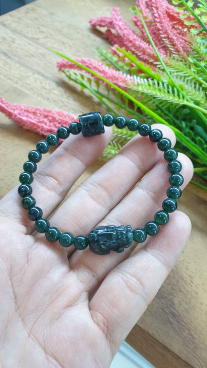 Ocean Blue Jade Wealth Bracelet 17cm Pixiu Ru Yi Bead Charms Type A Natural Jadeite