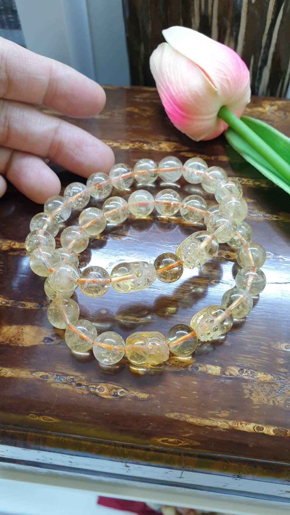 Citrine Wealth Bracelets with Pixiu Charms 17 cm, Natural Gemstone Beads