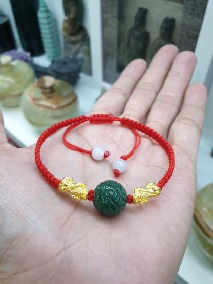 Jade Ru Yi & Gold Pixiu on Red Thread Bracelet (Adjustable) | Pure 24K Gold | Fei Cui - Type A Jadeite