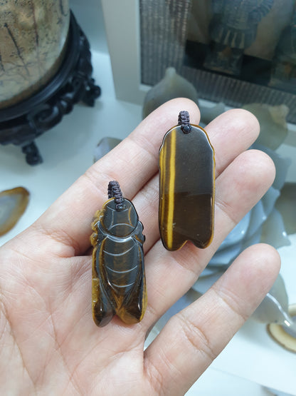 Cicada Pendant (Random Pick) | Natural Tiger's Eye Stone | Handwoven Thread Bail