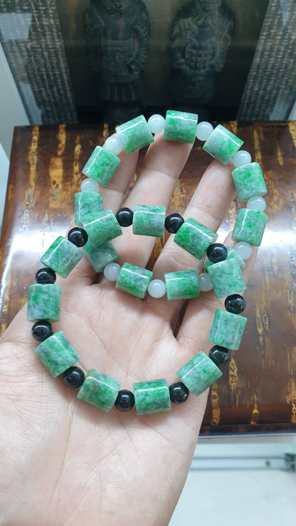 Jade Cylinder Beads Bracelets (18 cm) | Mottled Green, Type A Natural Jadeite | His or Hers Wrist Accessories