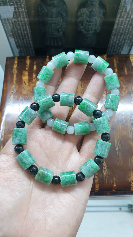 Jade Cylinder Beads Bracelets (18 cm) | Mottled Green, Type A Natural Jadeite | His or Hers Wrist Accessories