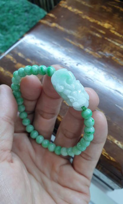 Jade Pixiu 17cm Bracelet - Type A Jadeite in Moss in Snow and Apple Green