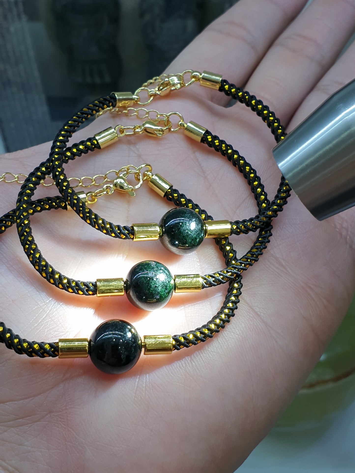 Black Jade Bead Extension Bracelet with Type A Natural Myanmar Chloromelanite