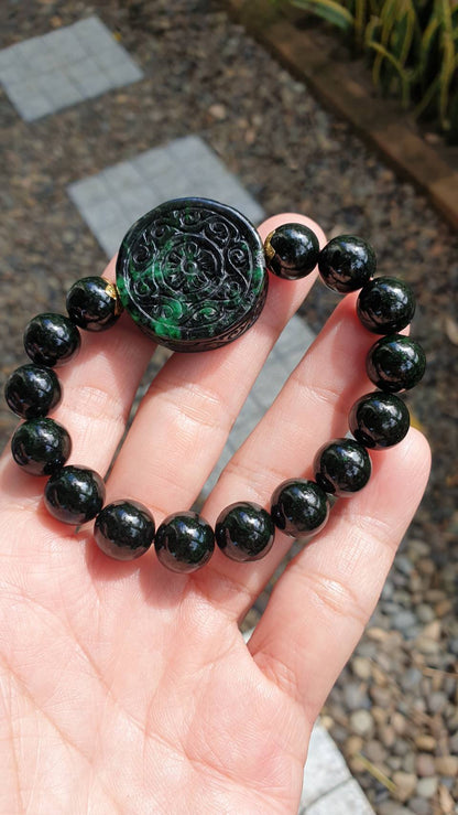 Ru Yi Black Jade Bracelet 17cm Gold Accents Myanmar Natural Black Jadeite Type A