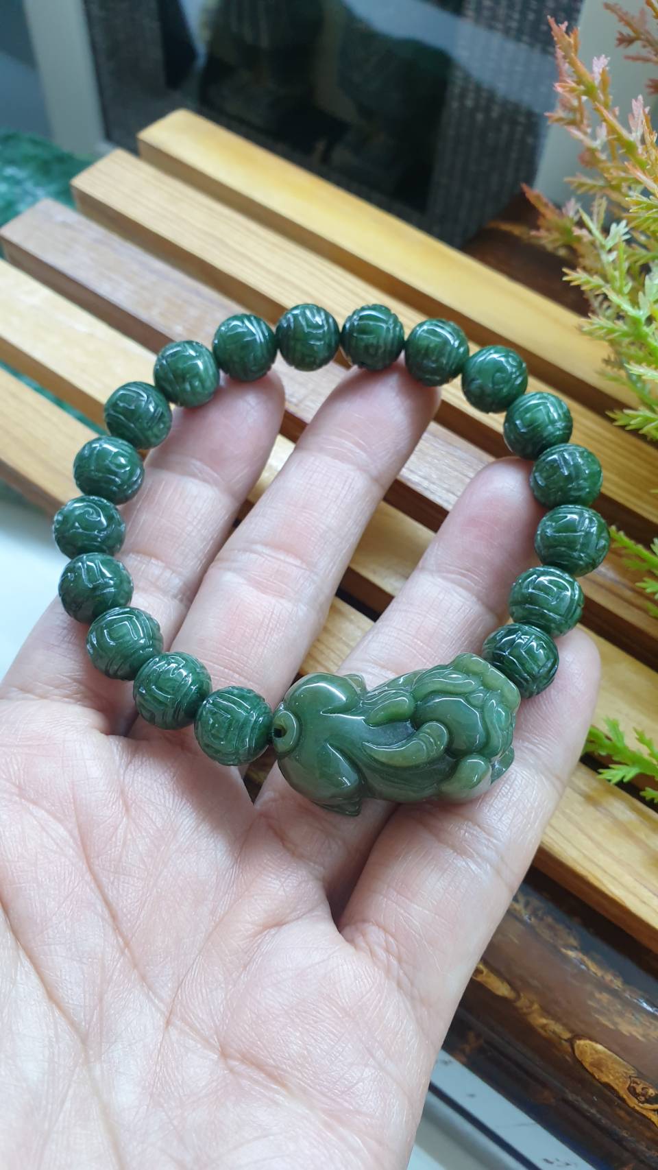 Jade Pixiu on Ru Yi Beads Bracelet 18cm Fei Cui Type A Natural Jadeite