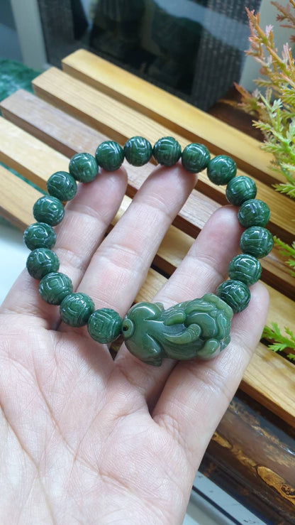 Jade Pixiu on Ru Yi Beads Bracelet 18cm Fei Cui Type A Natural Jadeite