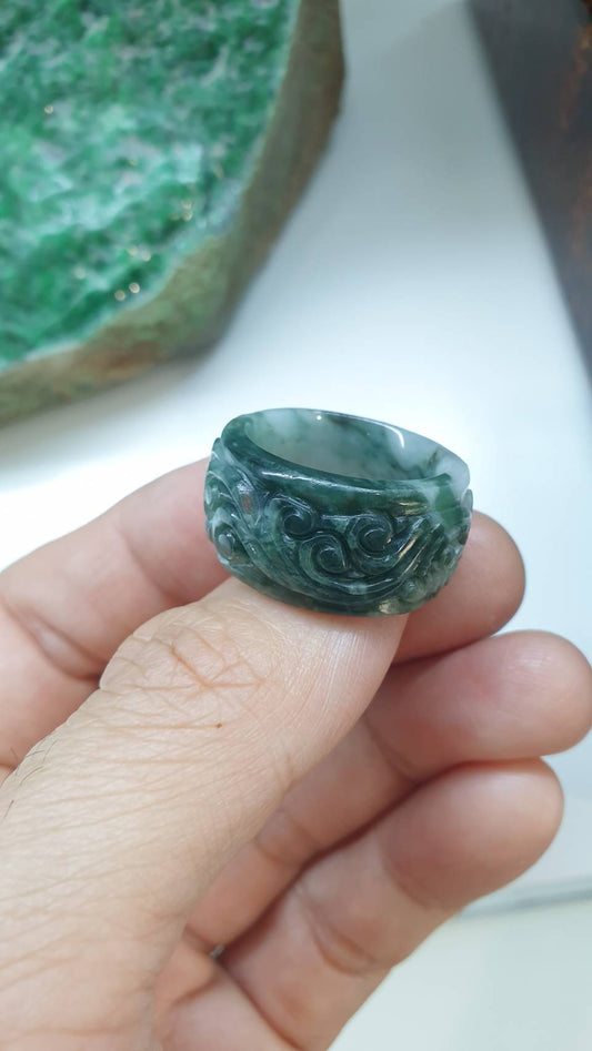 Ru Yi Jade Vintage Ring 8.25US Fei Cui Type A Burma Jadeite Two Toned Green