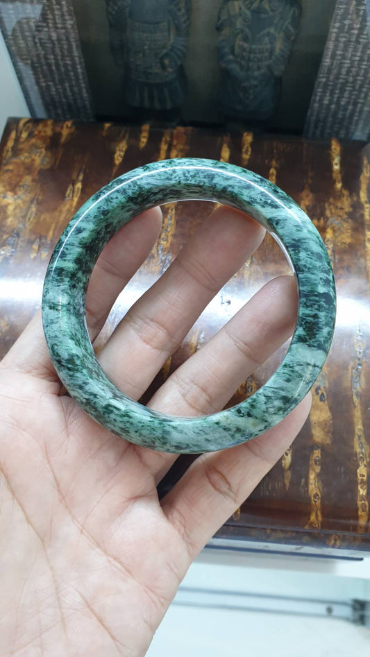 Green Streaked Jade Bangle (S 62) | Type A Natural Jadeite | Vintage His or Hers Bracelet