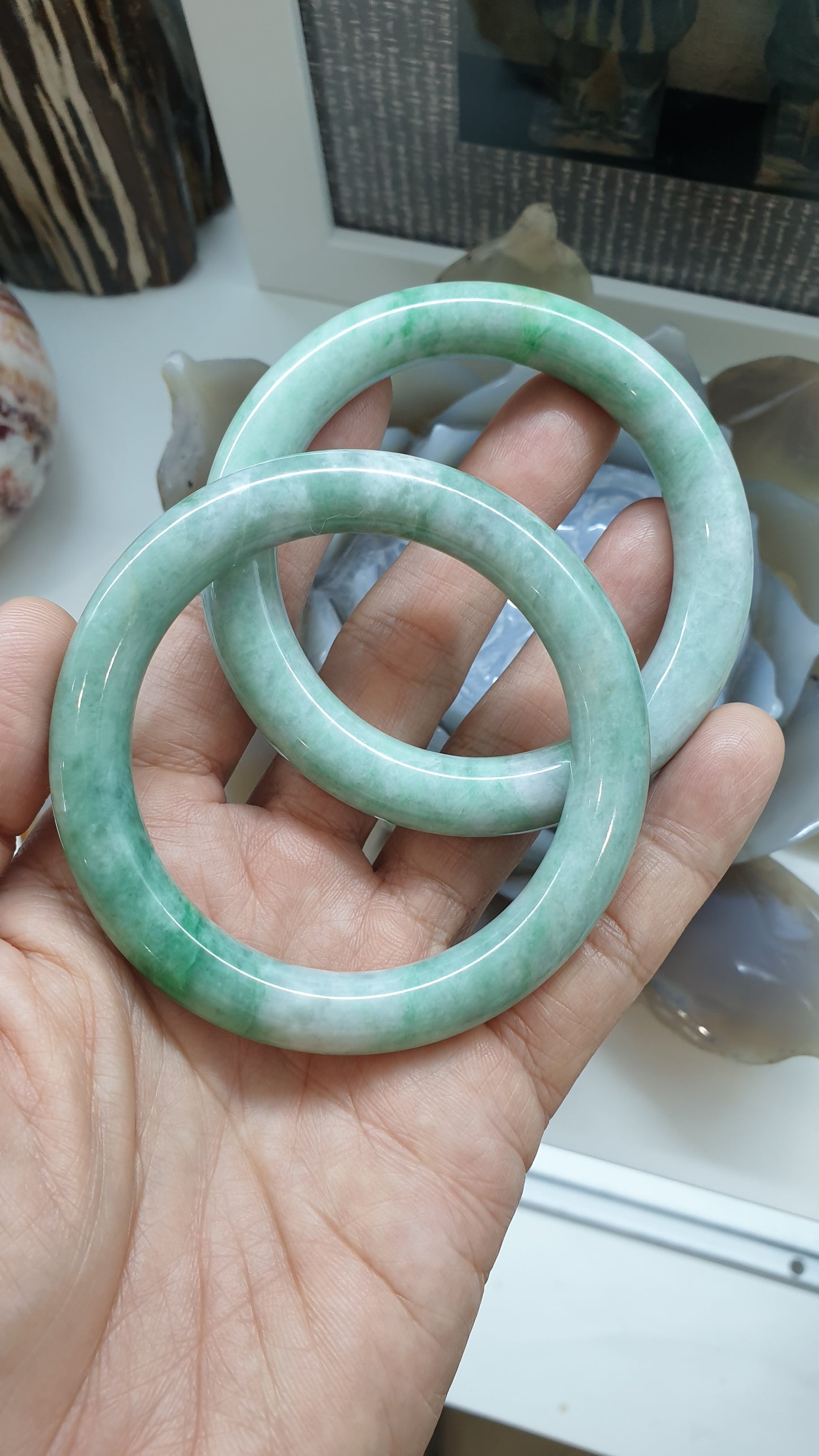 Paired Vintage Jade Cylindrical Bangles S56 Authentic Myanmar Green Jadeite