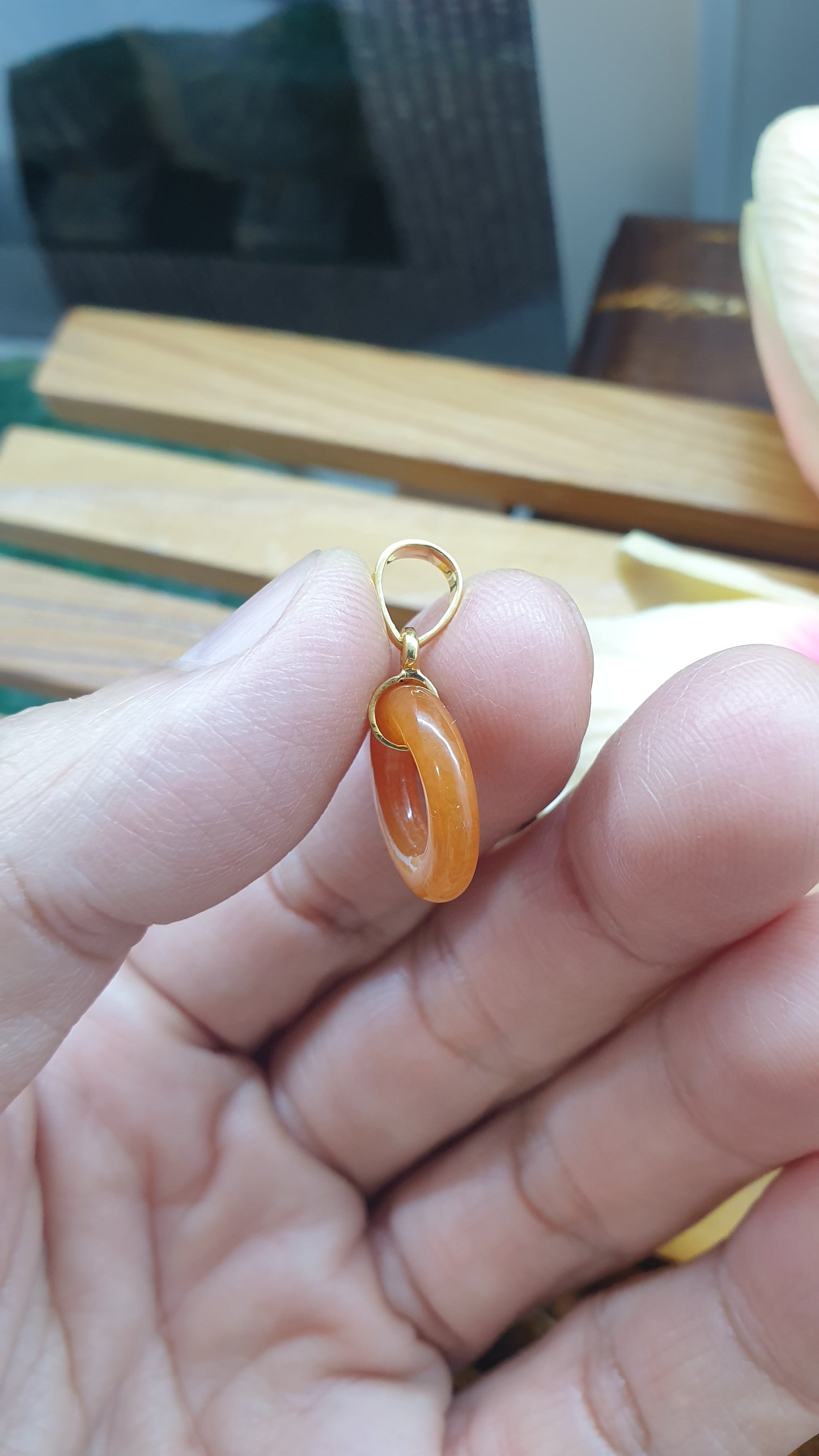 18K Gold Orange Jade Ping An Kou Pendant Natural Myanmar Jadeite