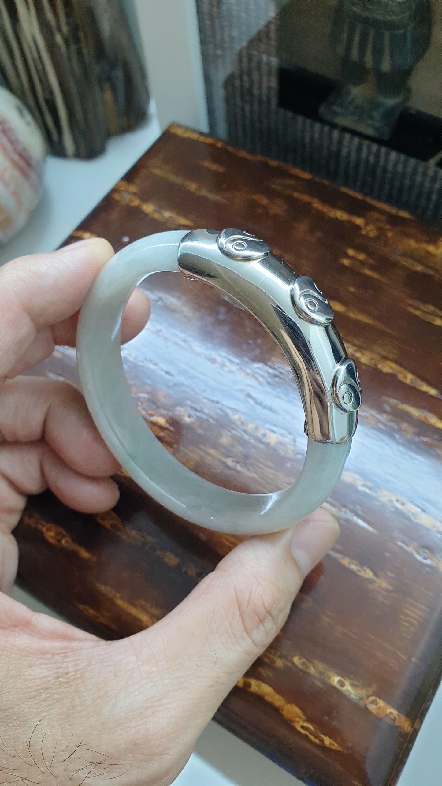 Yin Yang Jade Bangle (S 56 - 57) | Fei Cui Type A Jadeite & Sterling Silver | Statement Wrist Accessory