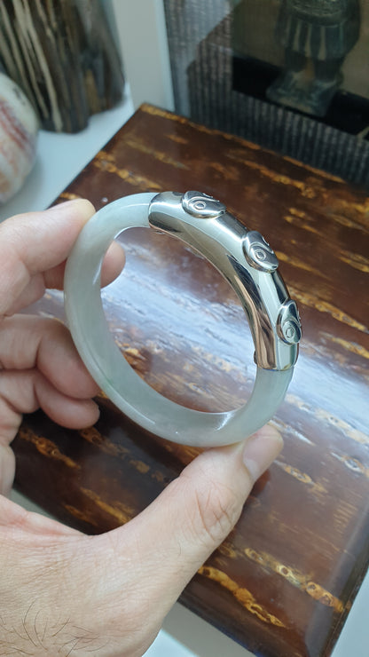 Yin Yang Jade Bangle (S 56 - 57) | Fei Cui Type A Jadeite & Sterling Silver | Statement Wrist Accessory