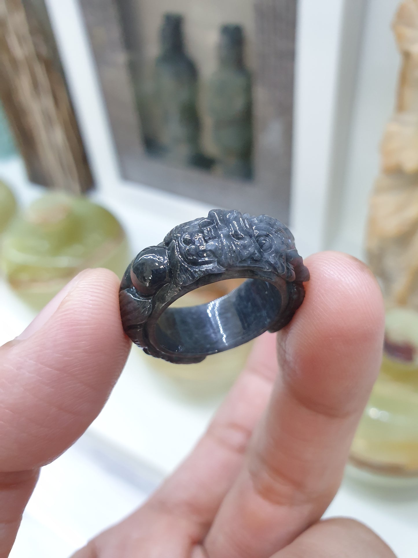 Type A Natural Black Jadeite Carved Dragon Ring - US Size 7.5