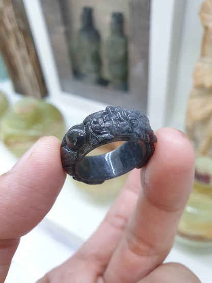 Type A Natural Black Jadeite Carved Dragon Ring - US Size 7.5