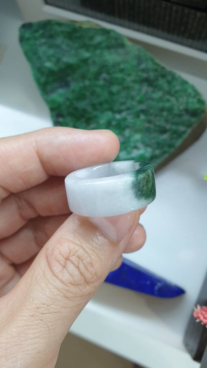 White Jade Ring 8.5US Natural Green Moss Fei Cui Type A Myanmar Jadeite