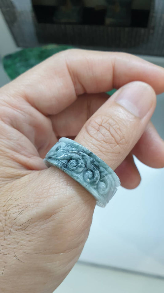 Ru Yi Jade Vintage Pipe Ring 11.75US Myanmar Type A Jadeite Natural Marbled Gray White