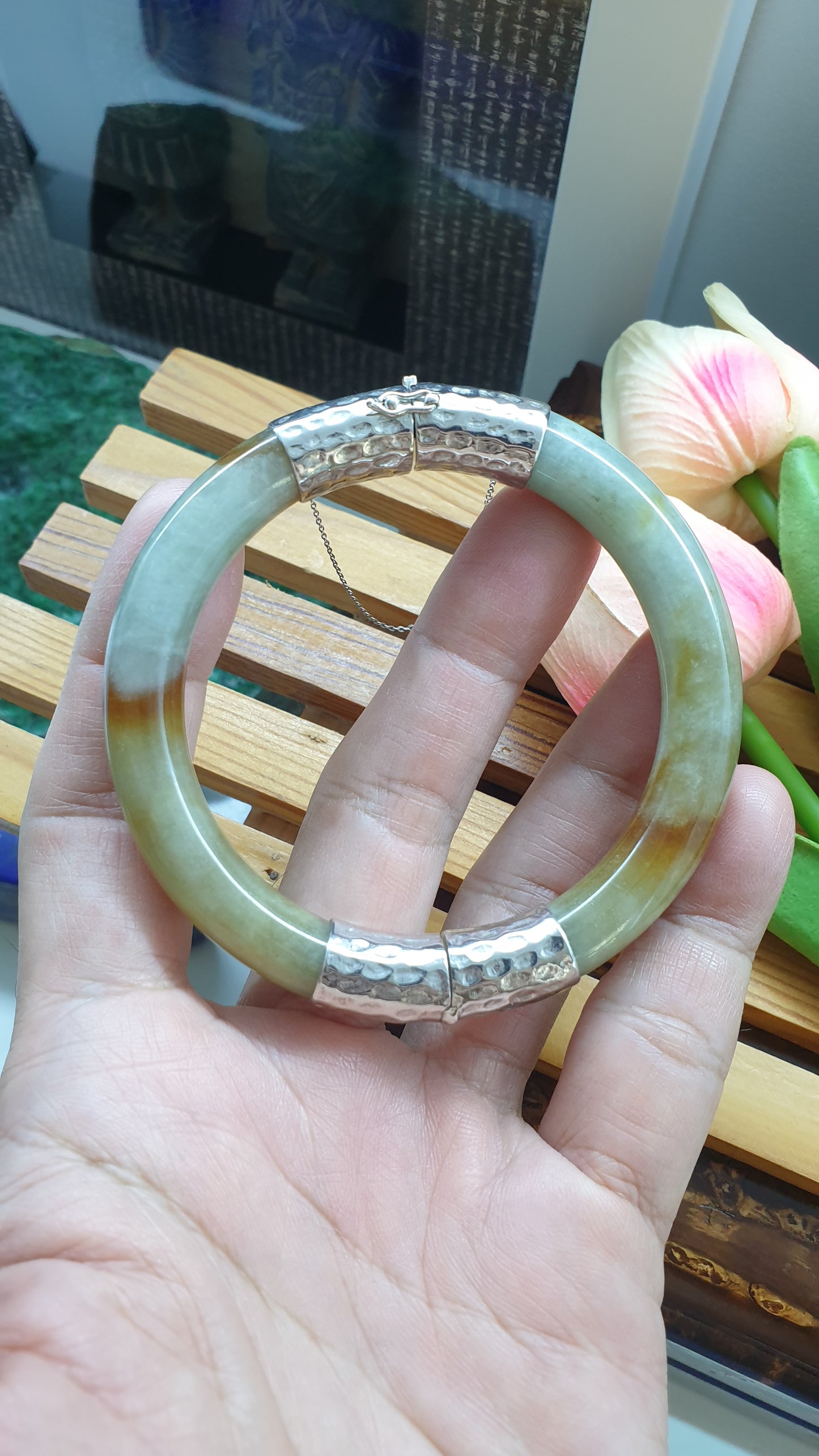 Hok Lok Siew Jade Cylindrical Split Bangle S61 Natural Myanmar Jadeite Sterling Silver