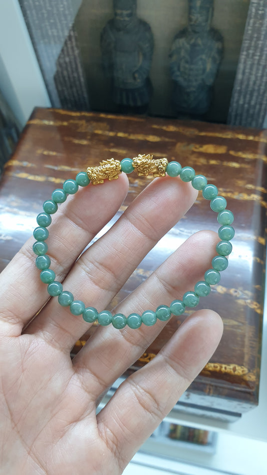 Fortune Dragon Wealth Bracelets | Solid 9K Gold Pixiu | Fei Cui - Type A Jadeite Beads