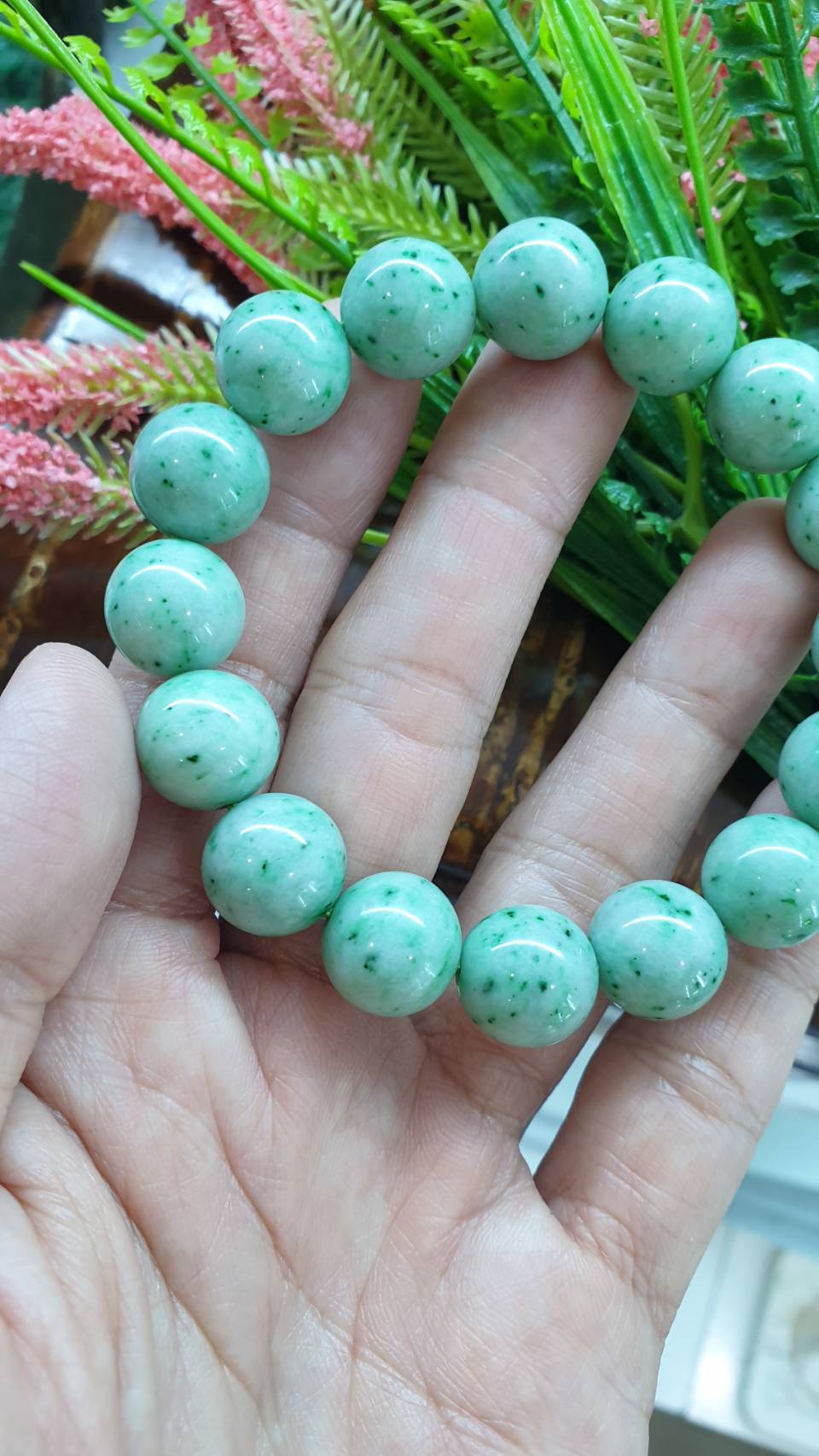 Jade Bracelet 17.5cm Speckled Green Type A Natural Jadeite 13.5mm Beads