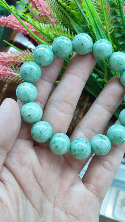 Jade Bracelet 17.5cm Speckled Green Type A Natural Jadeite 13.5mm Beads