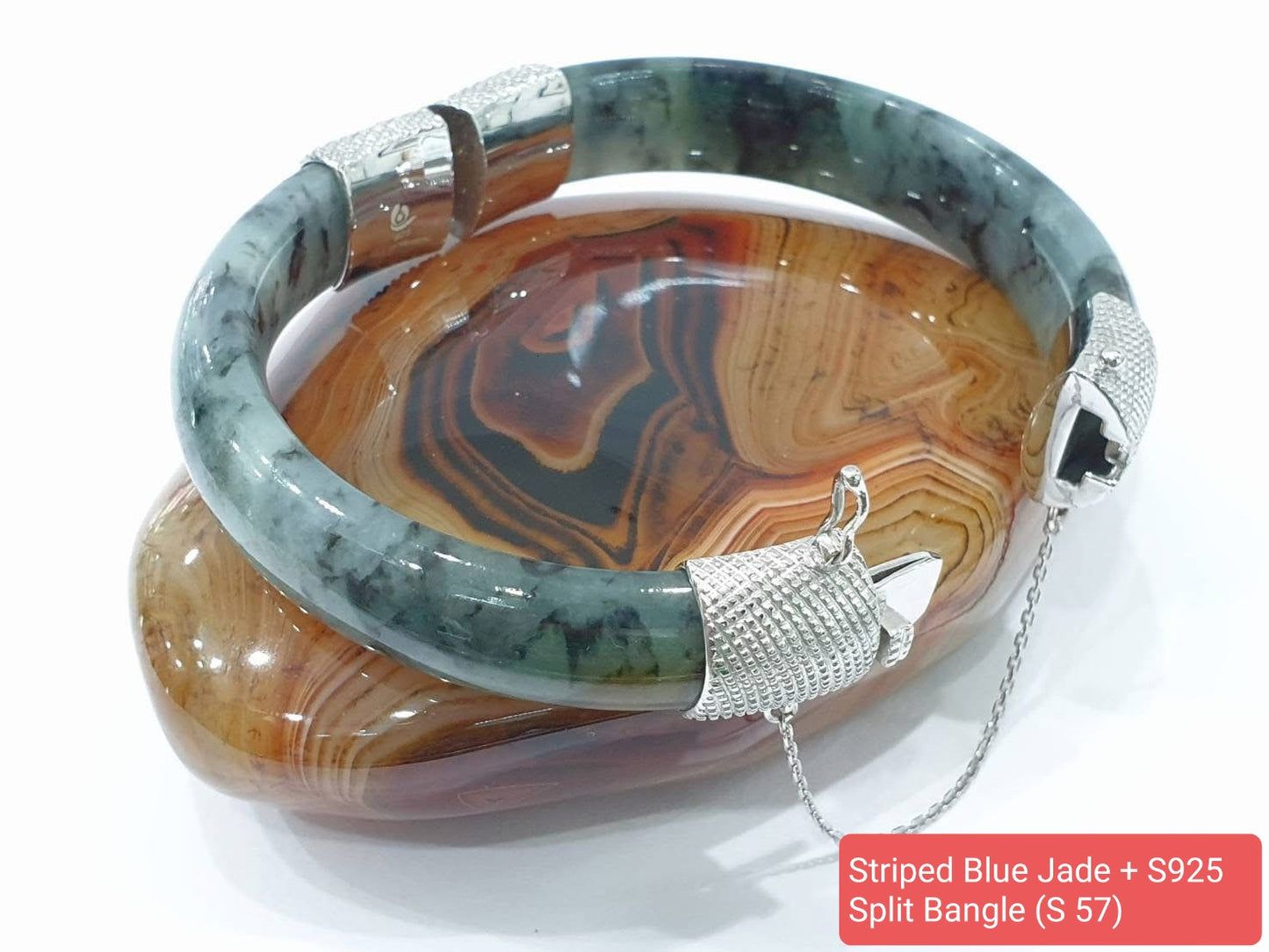 Jade Split Bangle S57 Type A Natural Blue Jadeite Sterling Silver Designer Locks