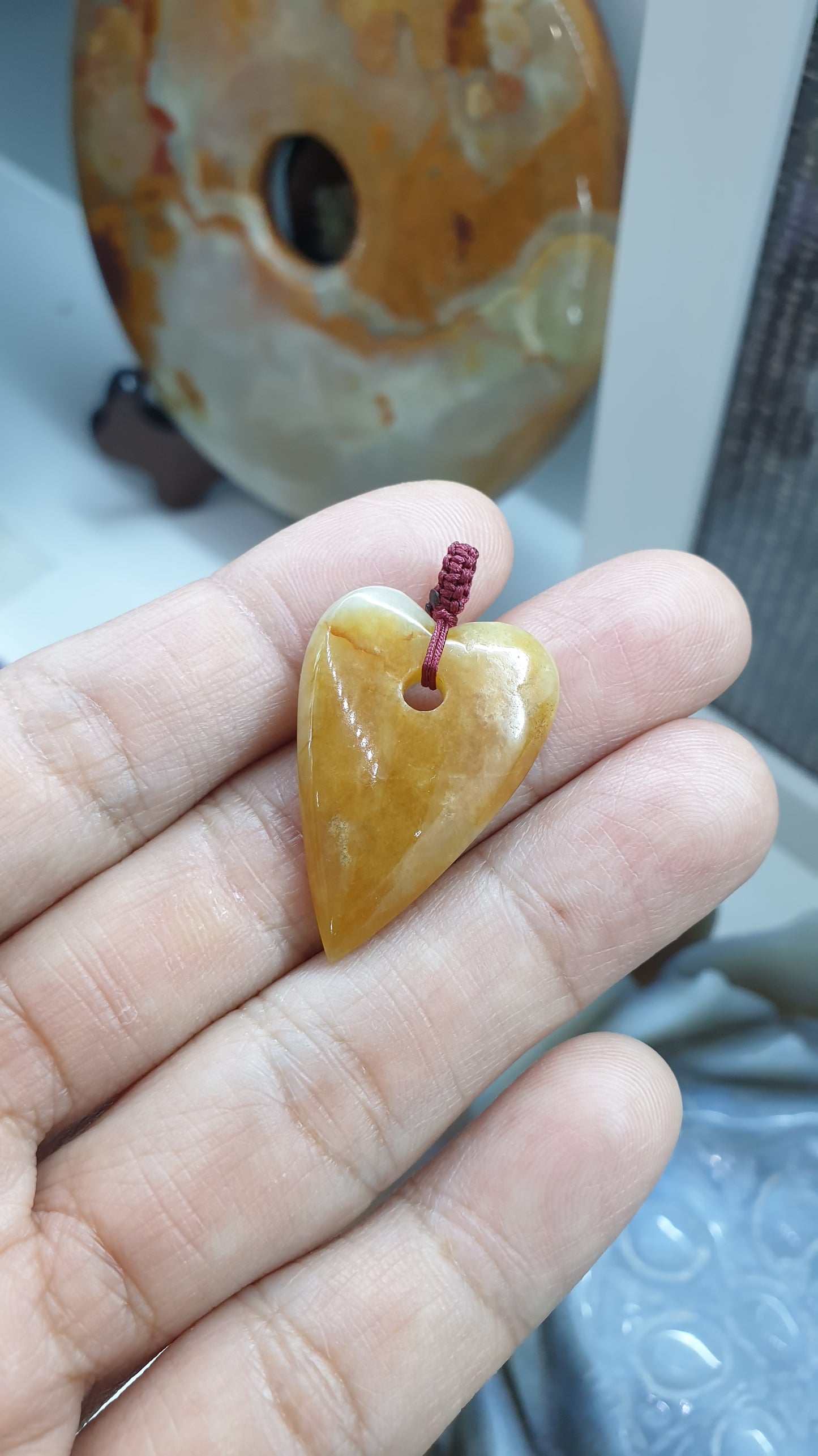 Natural Type A Jadeite Heart Boho Pendant with Handwoven Thread Bail