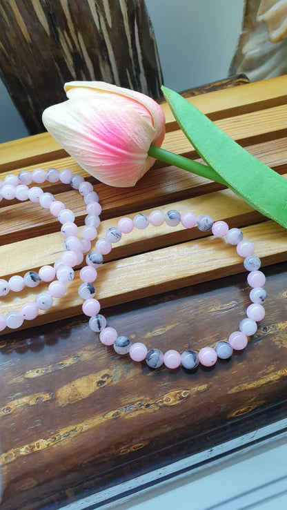 Natural Pink Opal Bracelets 17 cm - Dendritic Gemstone Beads 6.5 mm