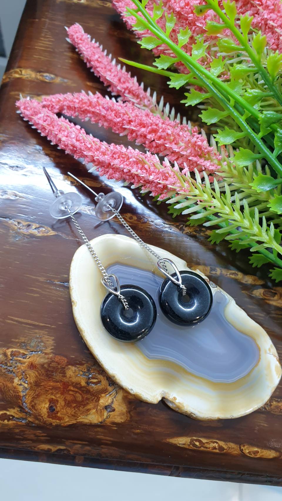 Ping An Kou Jade Sterling Silver Threader Earrings (40mm) Type A Natural Black Jadeite