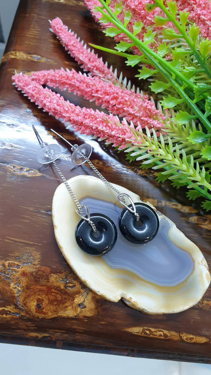 Ping An Kou Jade Sterling Silver Threader Earrings (40mm) Type A Natural Black Jadeite