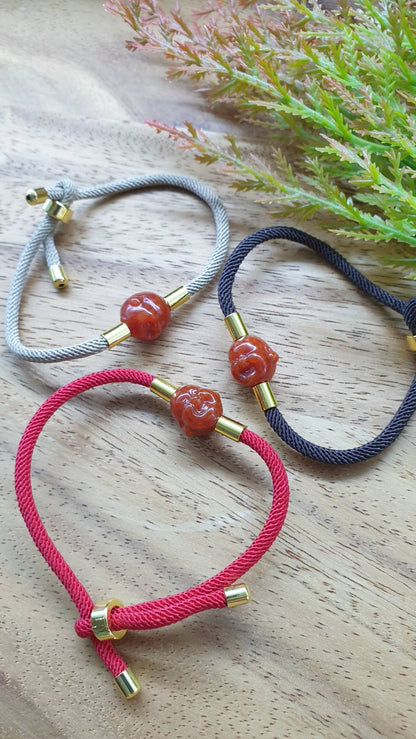 Jade Happy Buddha Rope Bracelet Myanmar Natural Jadeite Adjustable Wristband