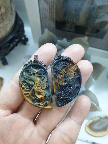 Dragon & Phoenix Paired Pendants | Natural Tiger's Eye Stone | Handwoven Thread Bail
