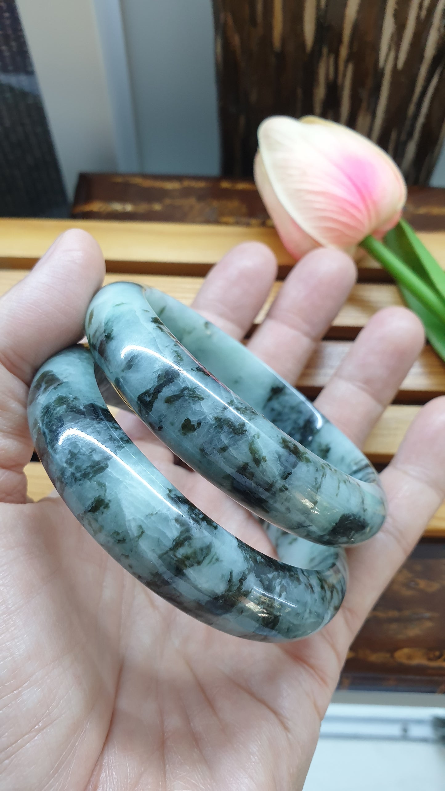 Natural Jade Bangles S59 Black Moss Blue Type A Jadeite