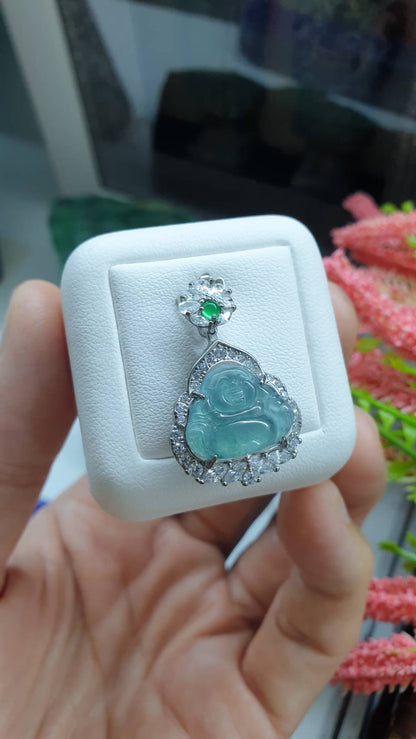 Happy Buddha Sterling Silver Locket Pendant Icy Blue Jade Type A Natural Jadeite