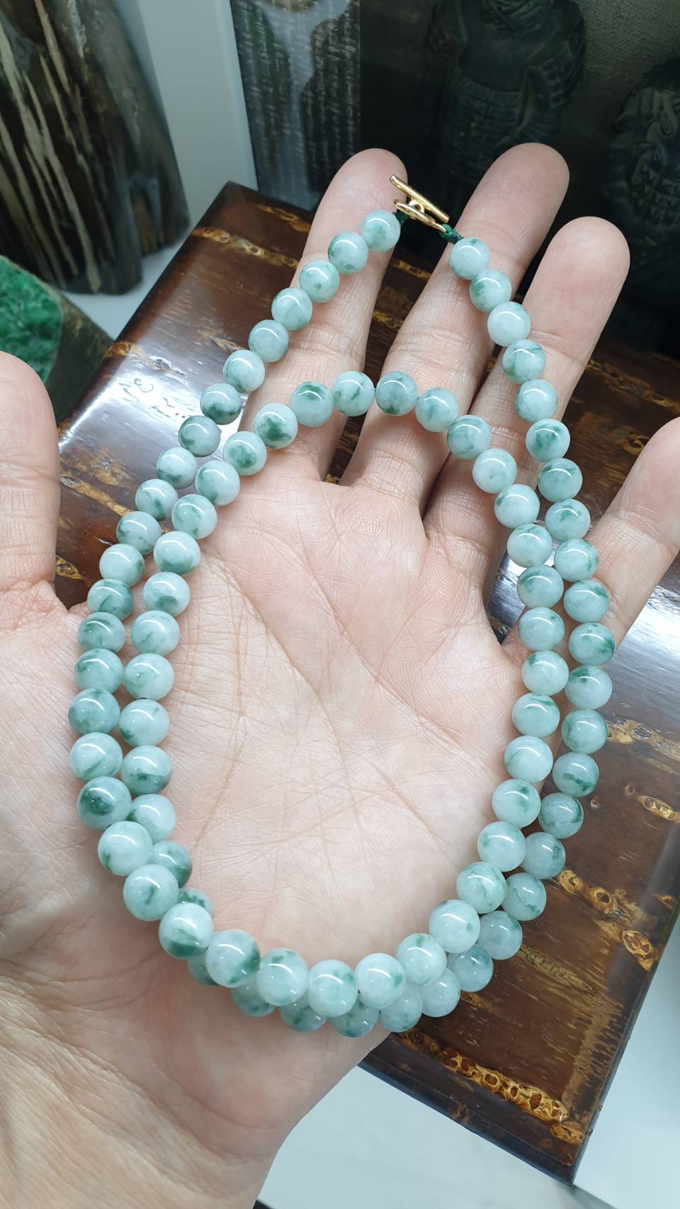 Moss in Snow Jade Beads Necklace (25") | 9K Gold Toggle | Type A Natural Jadeite Vintage Beads