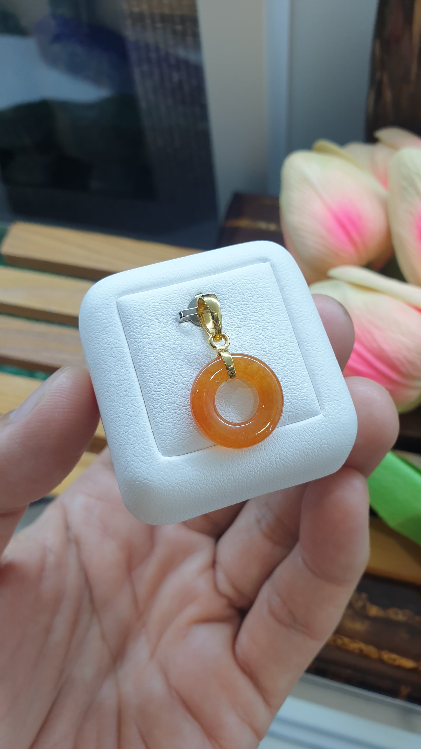 18K Gold Orange Jade Ping An Kou Pendant Natural Myanmar Jadeite