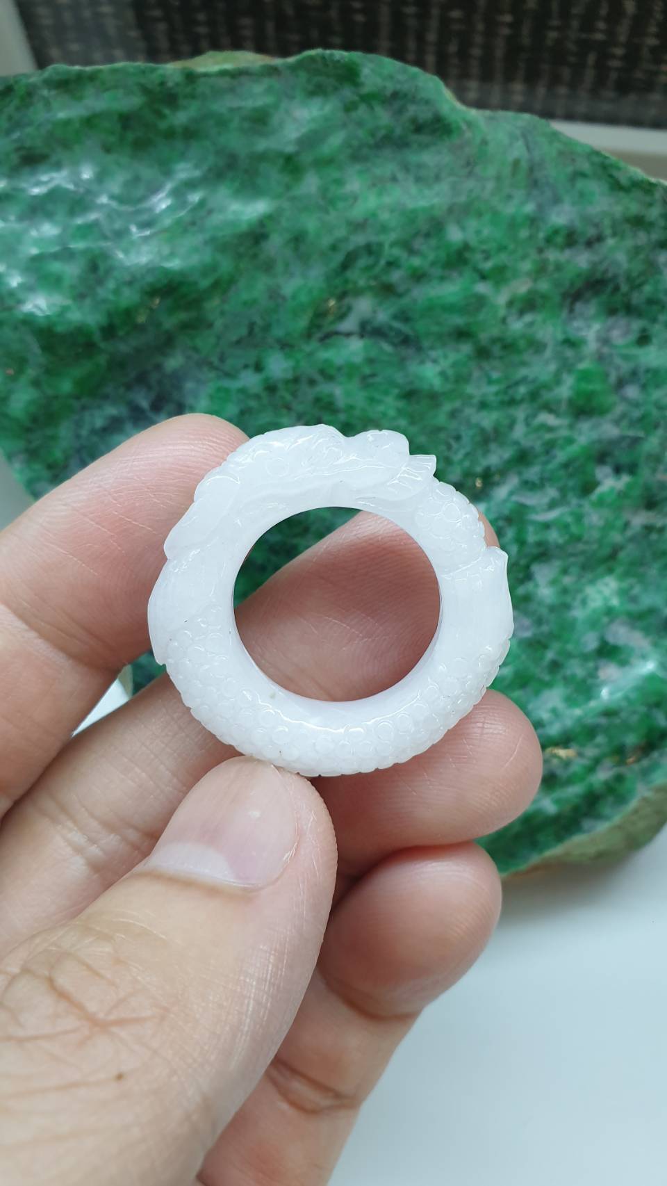 White Jade Dragon Auspicious Ring 9US Myanmar Type A Natural Jadeite