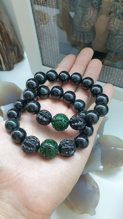 Black Jade Lucky Charm Bracelet | Ru Yi and Bodhi Beads Charm | Authentic Type A Fei Cui Jade