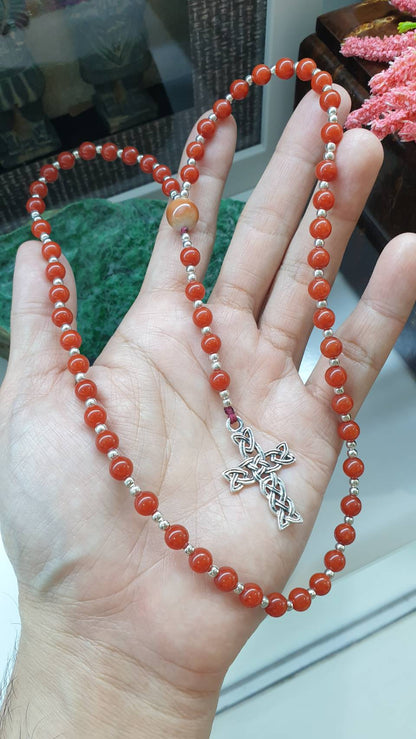 Red Jade Rosary 24.5in Natural Myanmar Jadeite Sterling Silver Cross