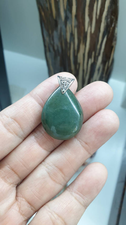 Green Jade Drop Pendant | Fei Cui - Type A Jadeite | Sterling Silver Bail